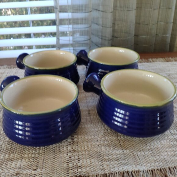 French Onion Soup Chili Bowls Set of 4, VTG Ribbed Cobalt Blue Green Rim 6" - Picture 1 of 11